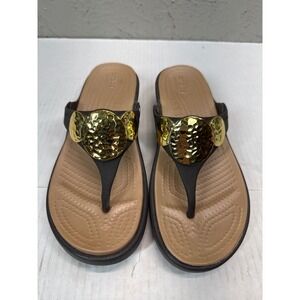 Crocs Kelli Embellished Thong Sandals Flip Flops Women Gold Accent Wedge